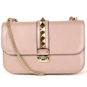 VALENTINO GARAVANI Rockstud Glam Medium Lock Shoulder Poudre Pink Bag Purse